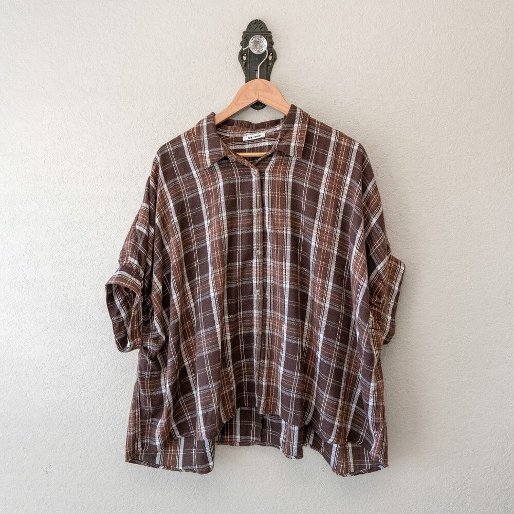 Day + Moon Oversized Brown Plaid Button Up Top Womens S Boho Flannel